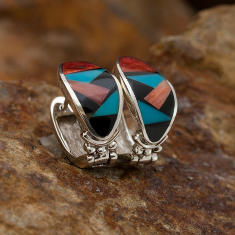 David Rosales Red Canyon Inlaid Sterling Silver Earrings Huggie 