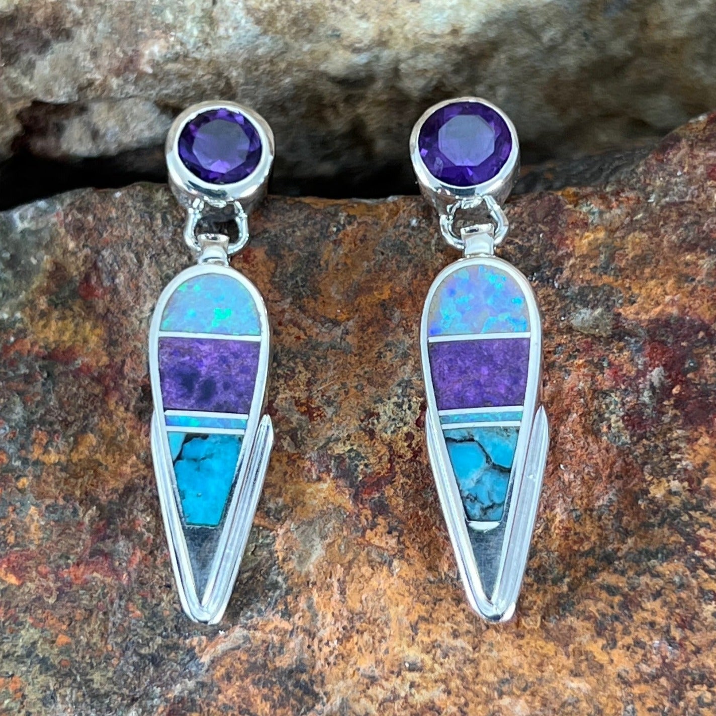 David Rosales Shalako Inlaid Sterling Silver Earrings w/ Amethyst
