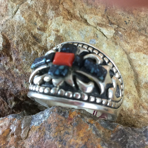 David Rosales Landers & Coral Inlaid Sterling Silver Ring
