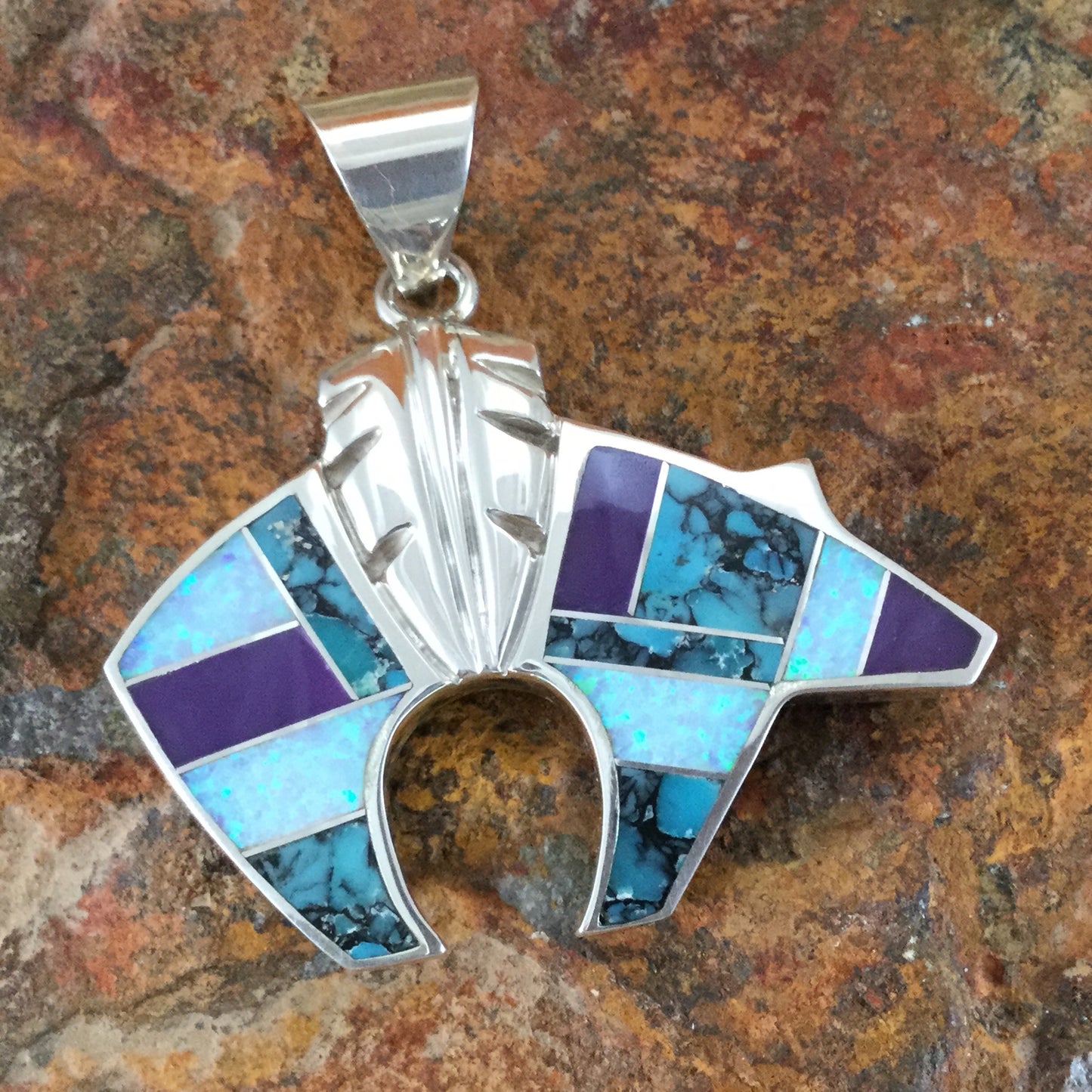 David Rosales Shalako Inlaid Sterling Silver Pendant Bear