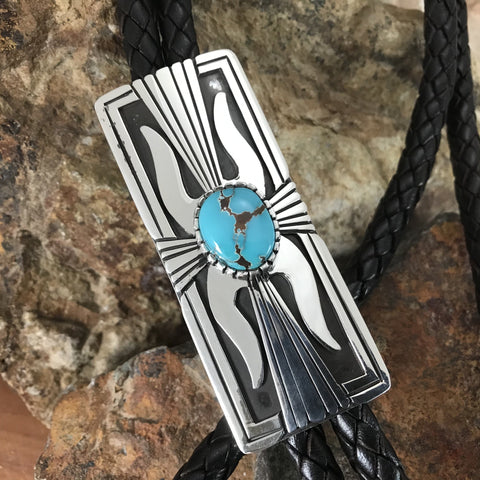 Burnham Turquoise Sterling Silver Leather Bolo Tie by Leonard Nez