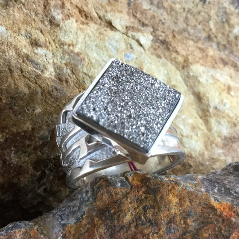 David Rosales Silver Country Square Druzy Sterling Silver Ring