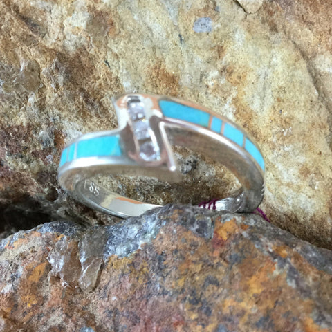 David Rosales Arizona Blue Inlaid Sterling Silver Ring w Cubic Zirconia