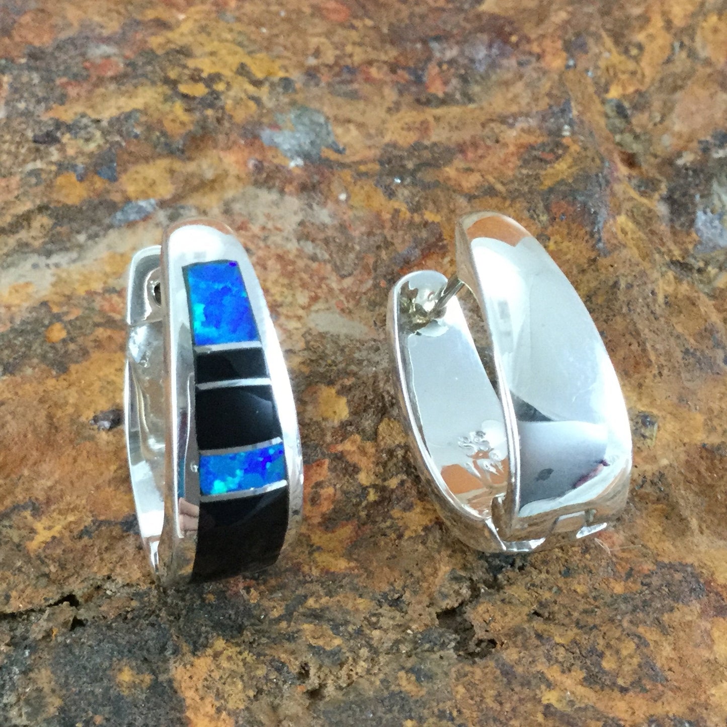 David Rosales Black Beauty Inlaid Sterling Silver Earrings Huggie