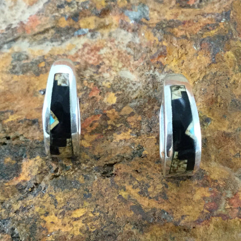 David Rosales Turquoise Creek Fancy Inlaid Sterling Silver Earrings Huggies
