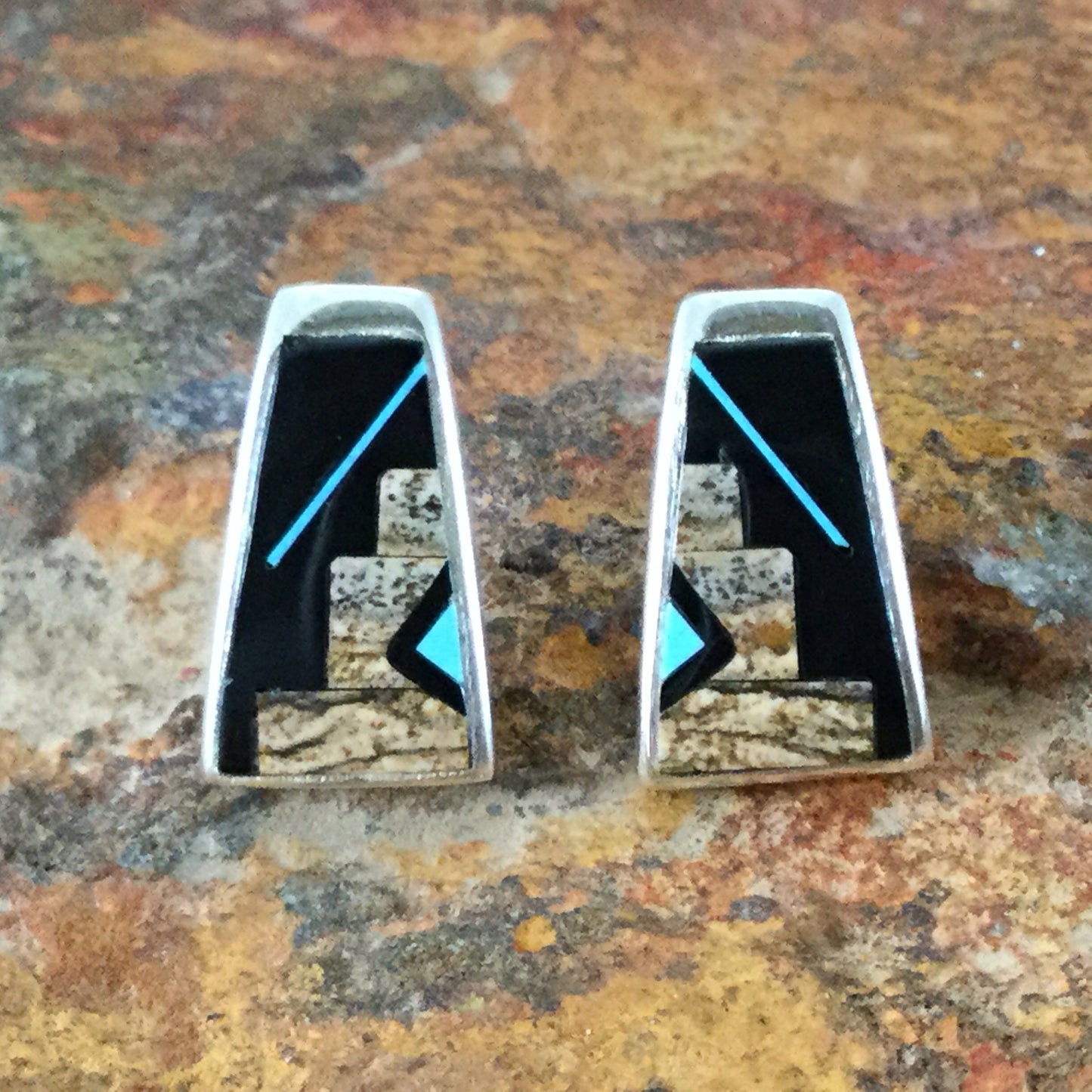 David Rosales Turquoise Creek Fancy Inlaid Sterling Silver Earrings