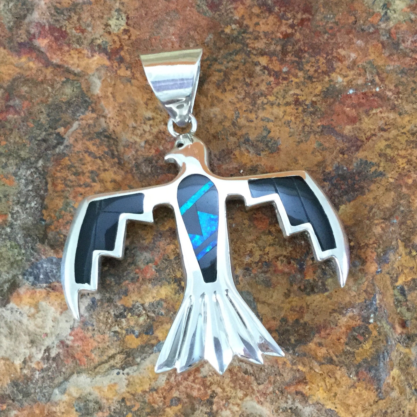 David Rosales Black Beauty Fancy Inlaid Sterling Silver Pendant Eagle