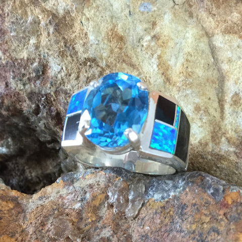 David Rosales Black Beauty Inlaid Sterling Silver Ring w/ Blue Topaz