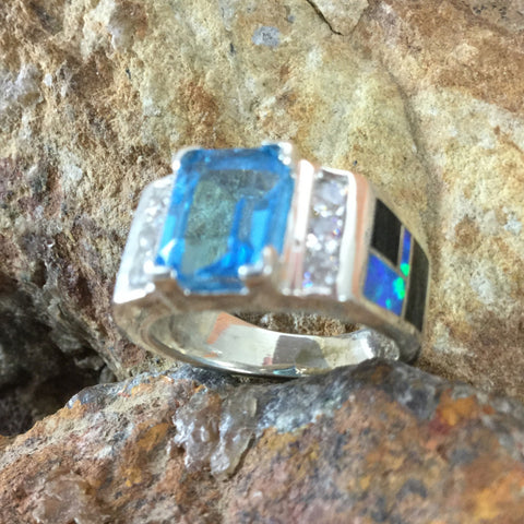 David Rosales Black Beauty Fancy Inlaid Sterling Silver Ring w/ Blue Topaz