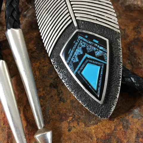 David Rosales Ithaca Peak Fancy Inlaid Turquoise Sterling Silver Bolo Tie