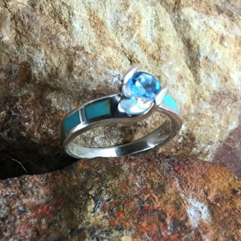 David Rosales Arizona Blue Inlaid Sterling Silver Ring Set w Blue Topaz