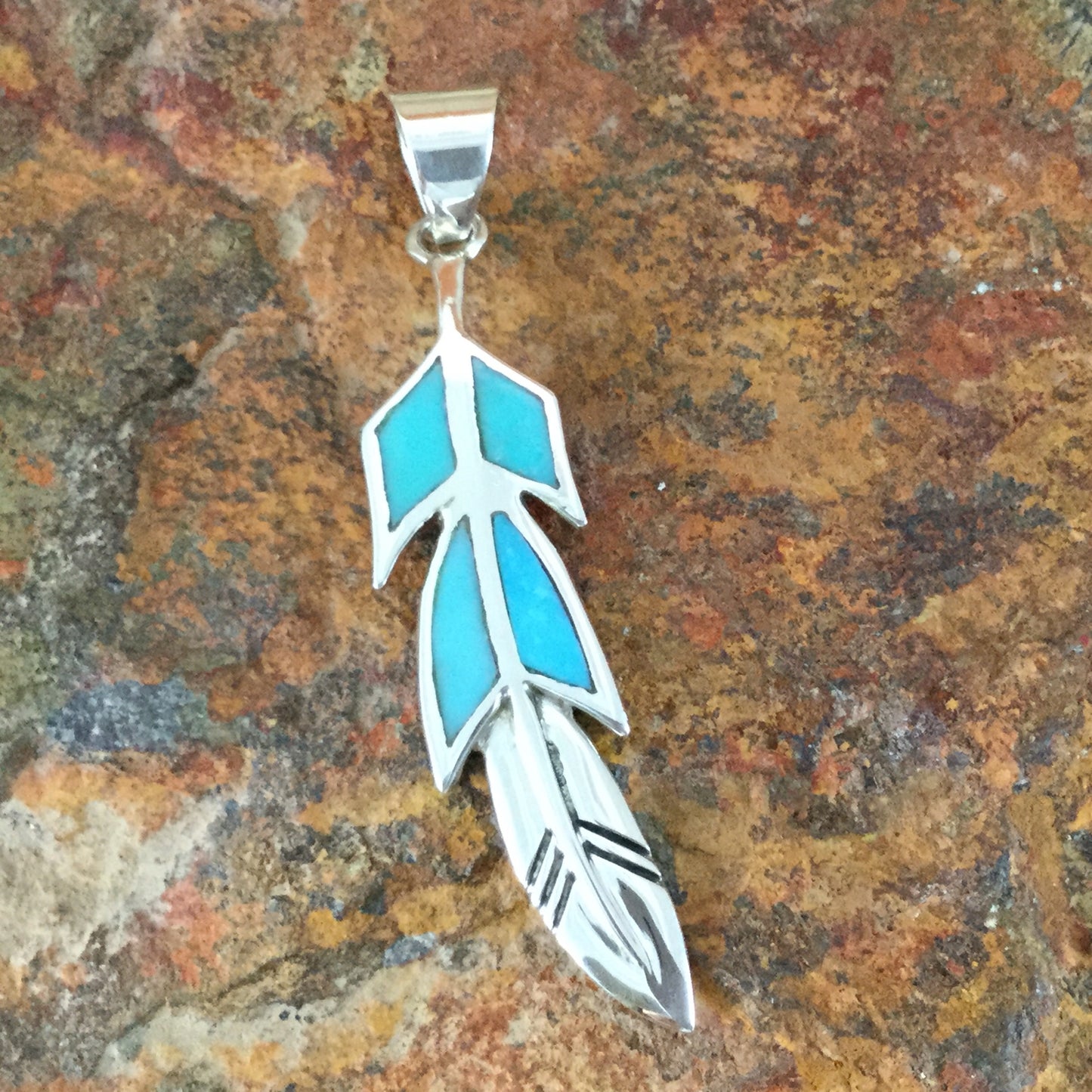 David Rosales Arizona Blue Inlaid Sterling Silver Pendant Feather