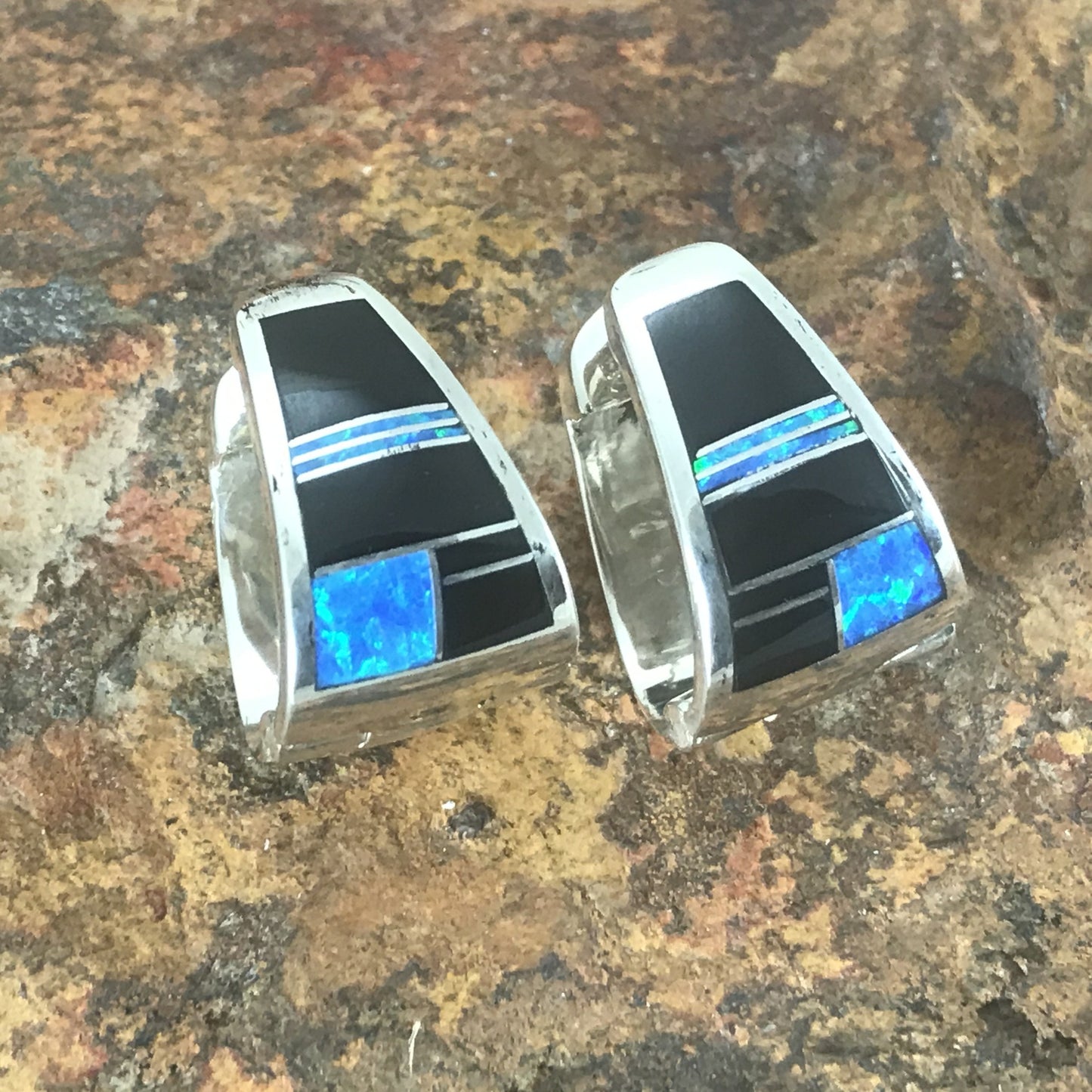 David Rosales Amazing Light Inlaid Sterling Silver Earrings Huggie