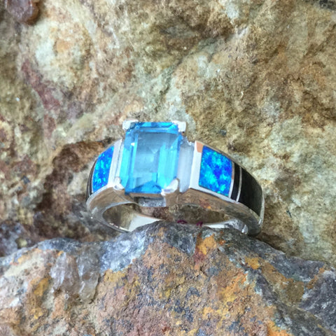 David Rosales Black Beauty Fancy Inlaid Sterling Silver Ring w/ Blue Topaz