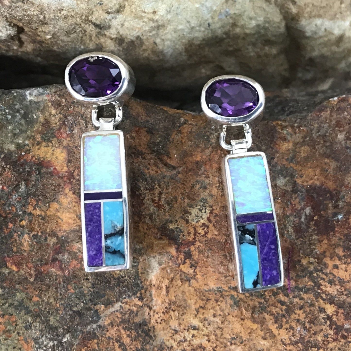 David Rosales Shalako Inlaid Sterling Silver Earrings w/ Amethyst