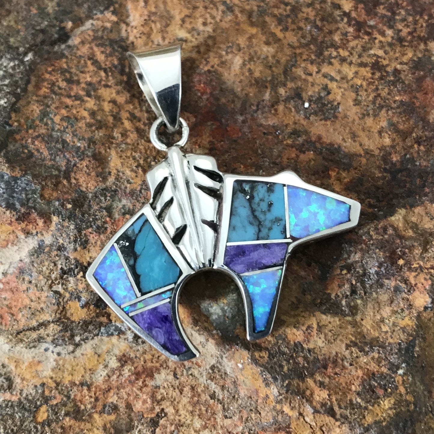 David Rosales Shalako Inlaid Sterling Silver Pendant Bear