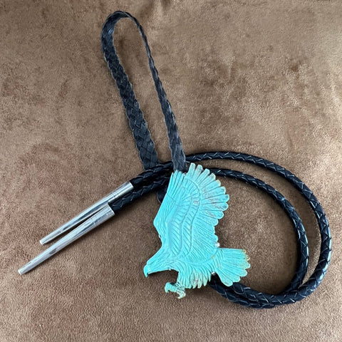 Vintage Carved Turquoise Sterling Silver Bolo Tie Eagle - Estate Jewelry