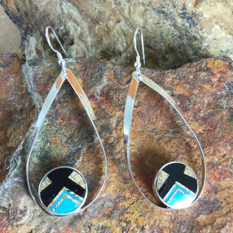 David Rosales Turquoise Creek Fancy Inlaid Sterling Silver Earrings