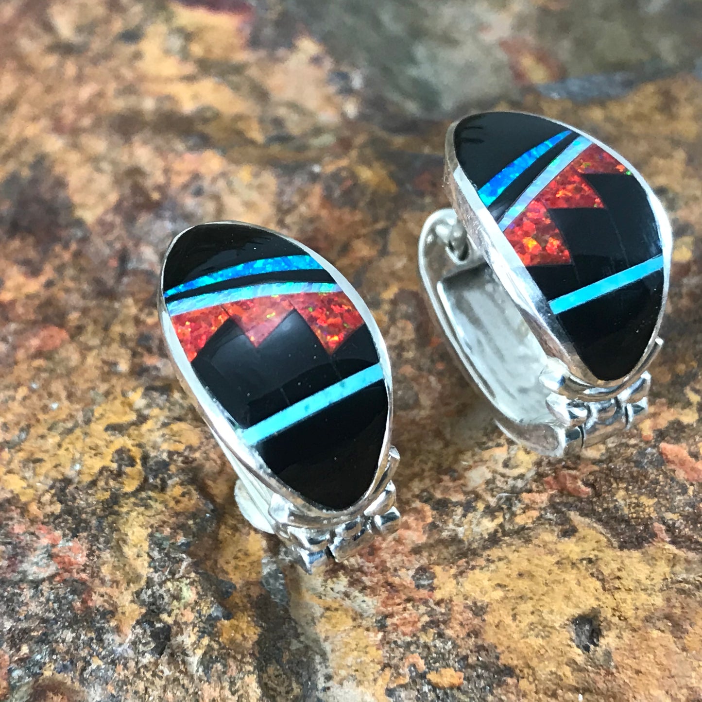 David Rosales Red Moon Inlaid Sterling Silver Earrings Huggie