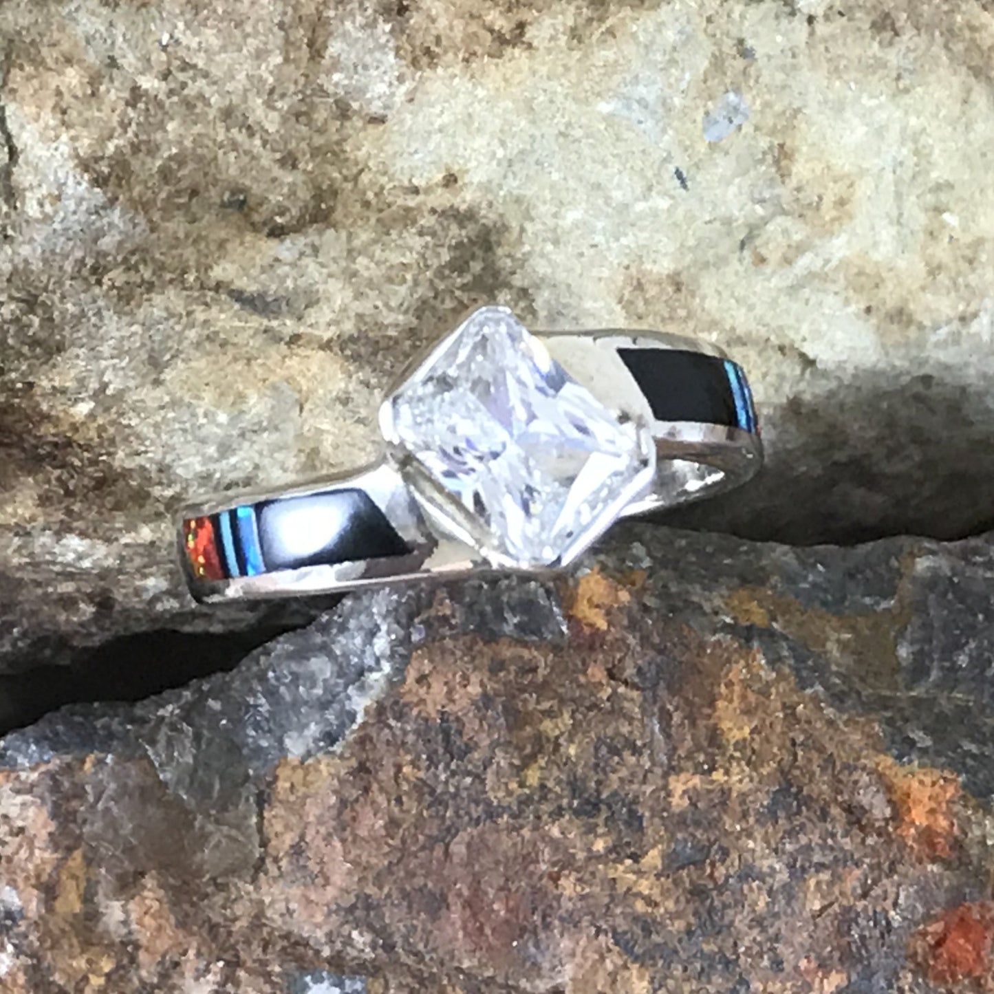 David Rosales Red Moon Fancy Inlaid Sterling Silver Ring w/ CZ