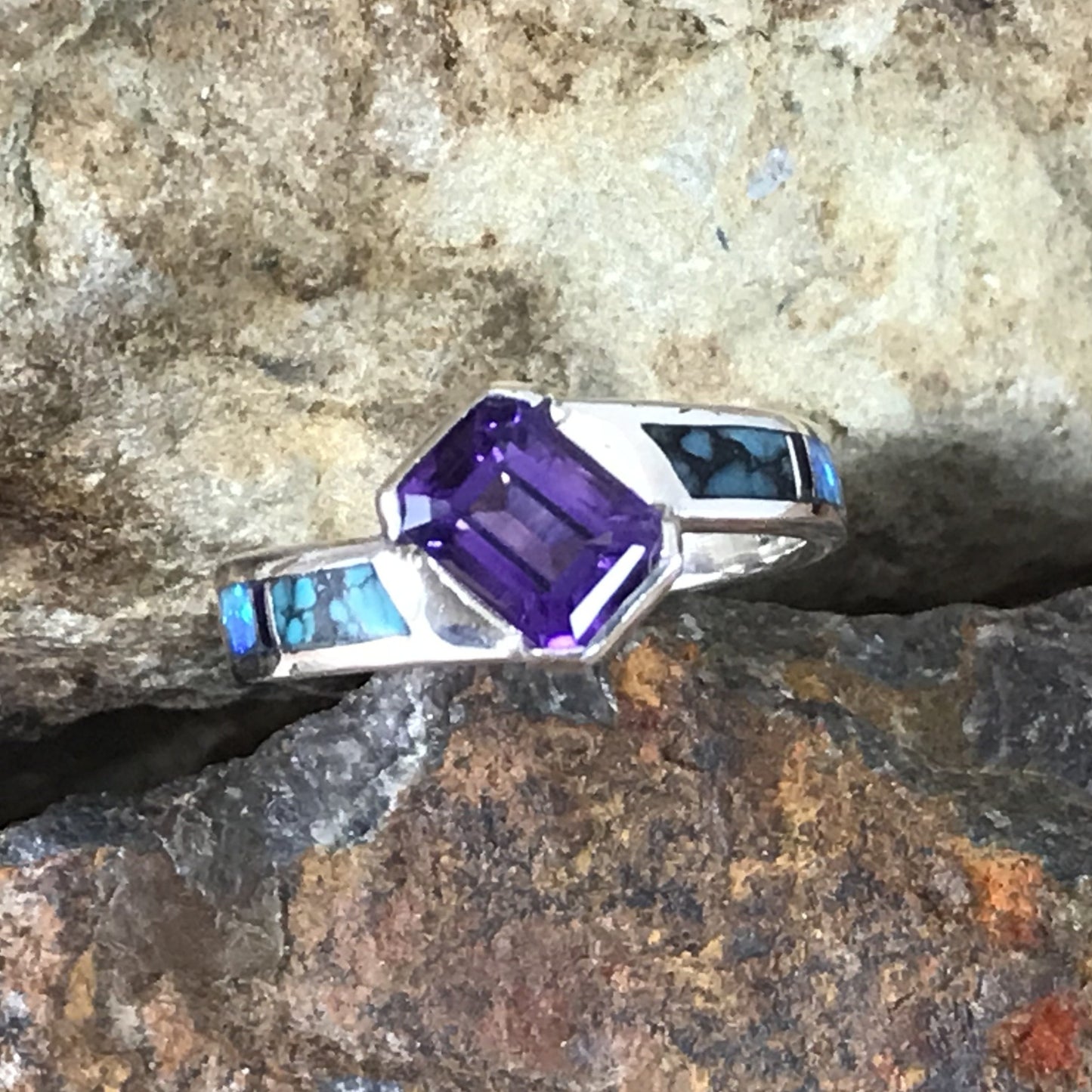 David Rosales Shalako Inlaid Sterling Silver Ring w/ Amethyst