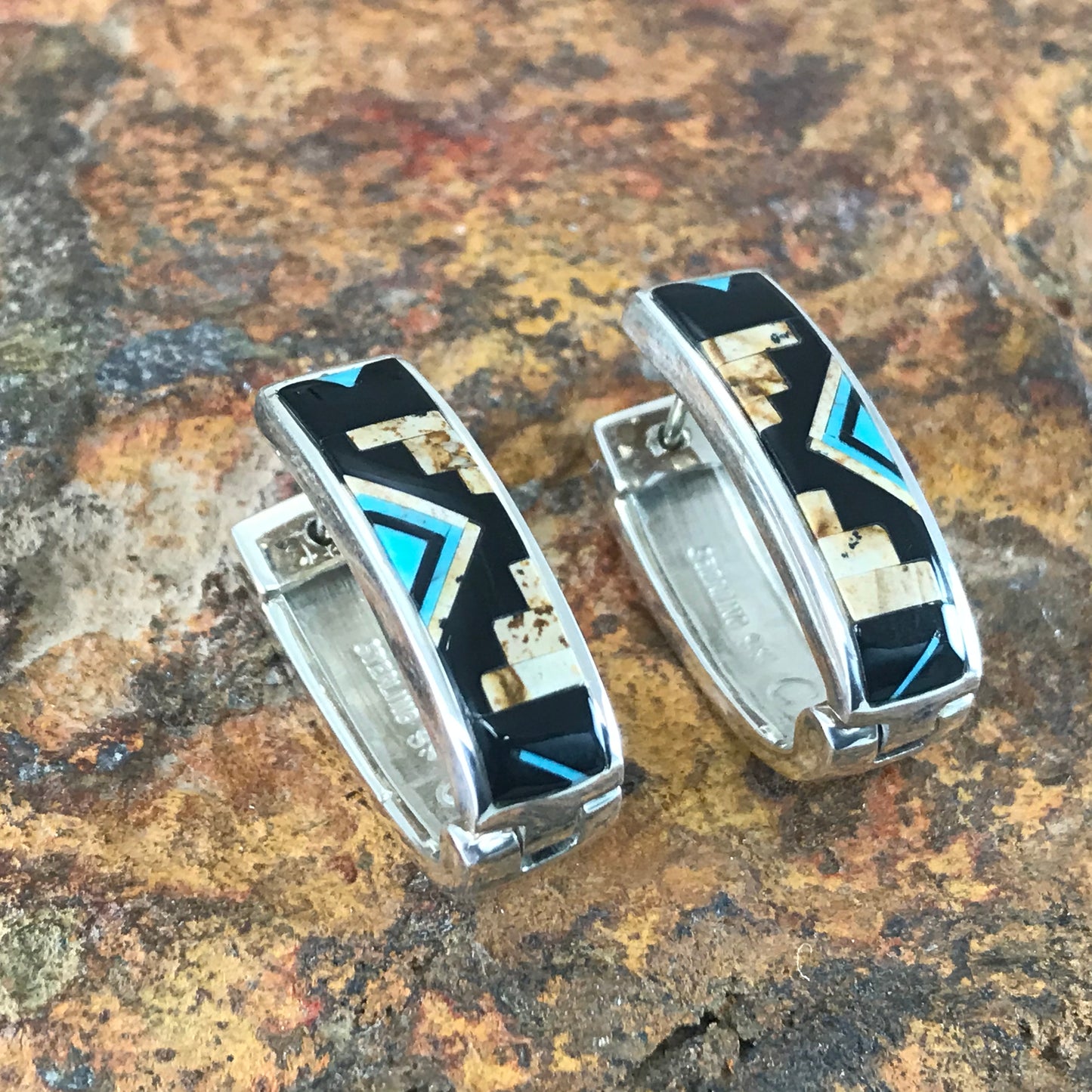 David Rosales Turquoise Creek Fancy Inlaid Sterling Silver Earrings Huggie