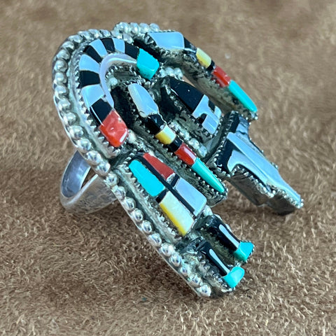 Zuni Rainbow Man Silver Inlaid Ring by H E Callicion Size 7.5 - Estate Jewelry