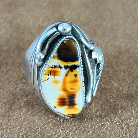 Vintage Agate Silver Ring by KK Size 11 - Estate Jewelry