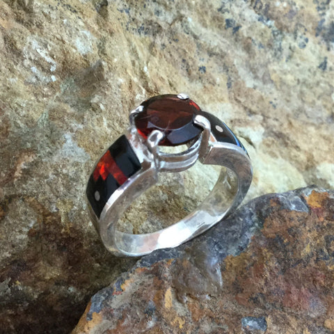 David Rosales Red Moon Inlaid Sterling Silver Ring w/ Red Garnet