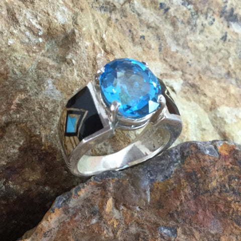 David Rosales Turquoise Creek Fancy Inlaid Sterling Silver Ring w/ Blue Topaz