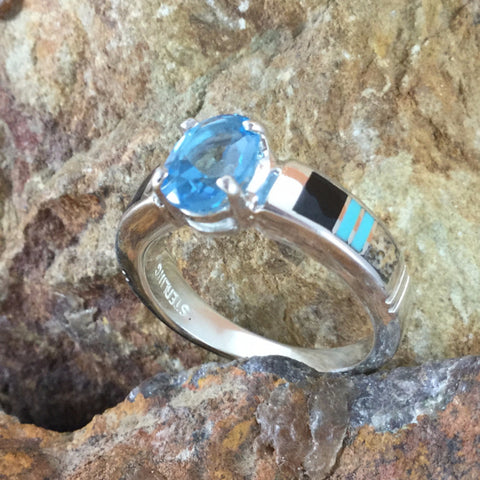 David Rosales Turquoise Creek Inlaid Sterling Silver Ring w Blue Topaz