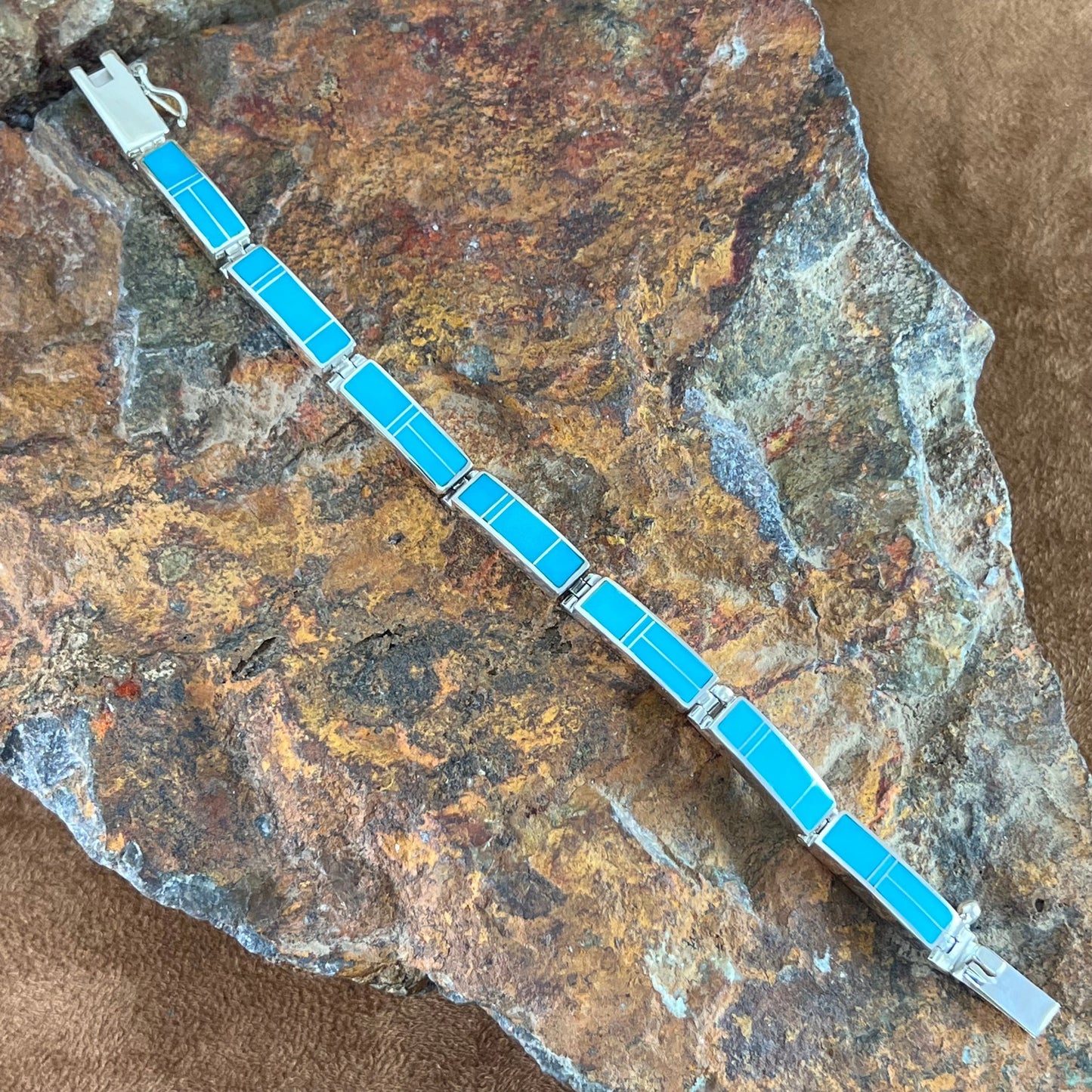 David Rosales Arizona Blue Inlaid Sterling Silver Big Link Bracelet