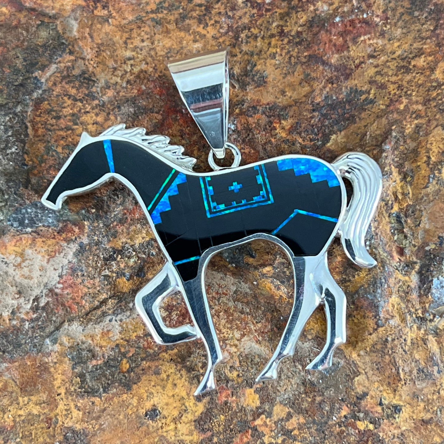 David Rosales Black Beauty Fancy Inlaid Sterling Silver Pendant Horse