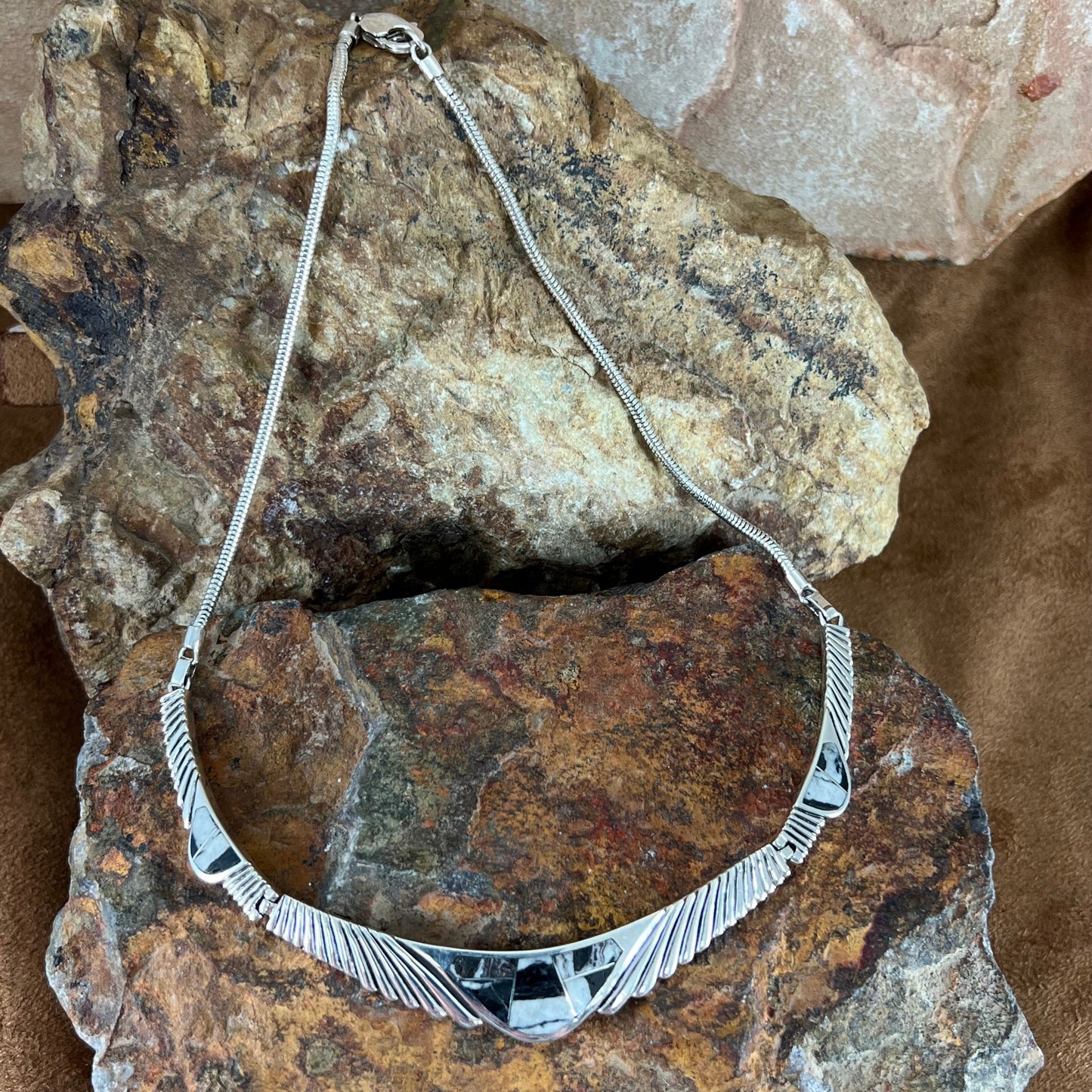 David Rosales White Buffalo Inlaid Sterling Silver Necklace