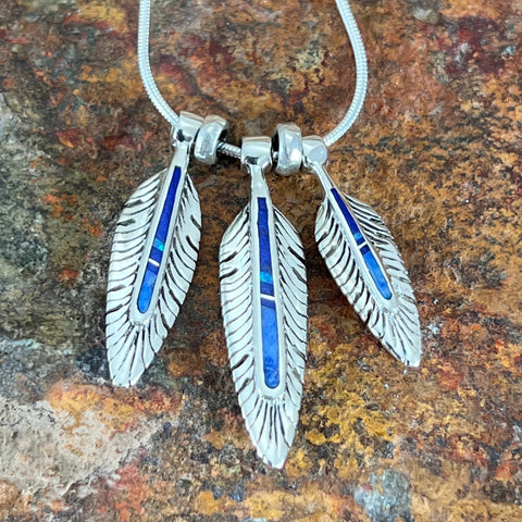 David Rosales Blue Sky Inlaid Sterling Silver Necklace Feathers