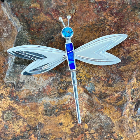 David Rosales Blue Sky Fancy Inlaid Sterling Silver Pendant/Pin Dragonfly w/ Blue Topaz