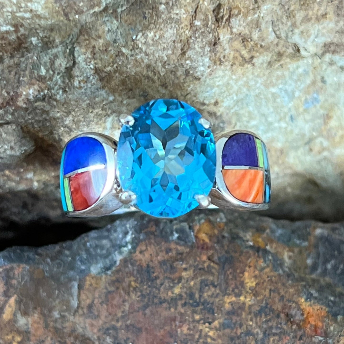 David Rosales Indian Summer Inlaid Sterling Silver Ring w/ Blue Topaz