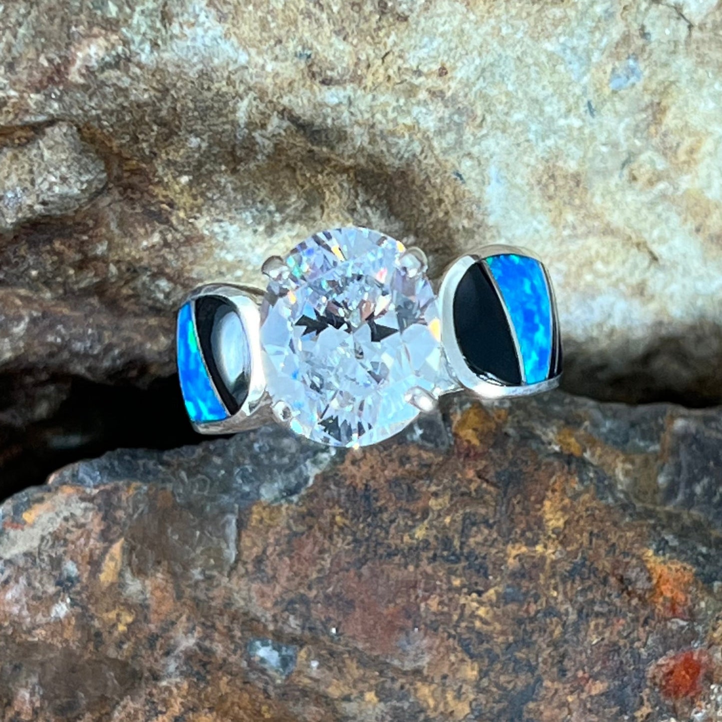 David Rosales Black Beauty Inlaid Sterling Silver Ring w/ Cubic Zirconia