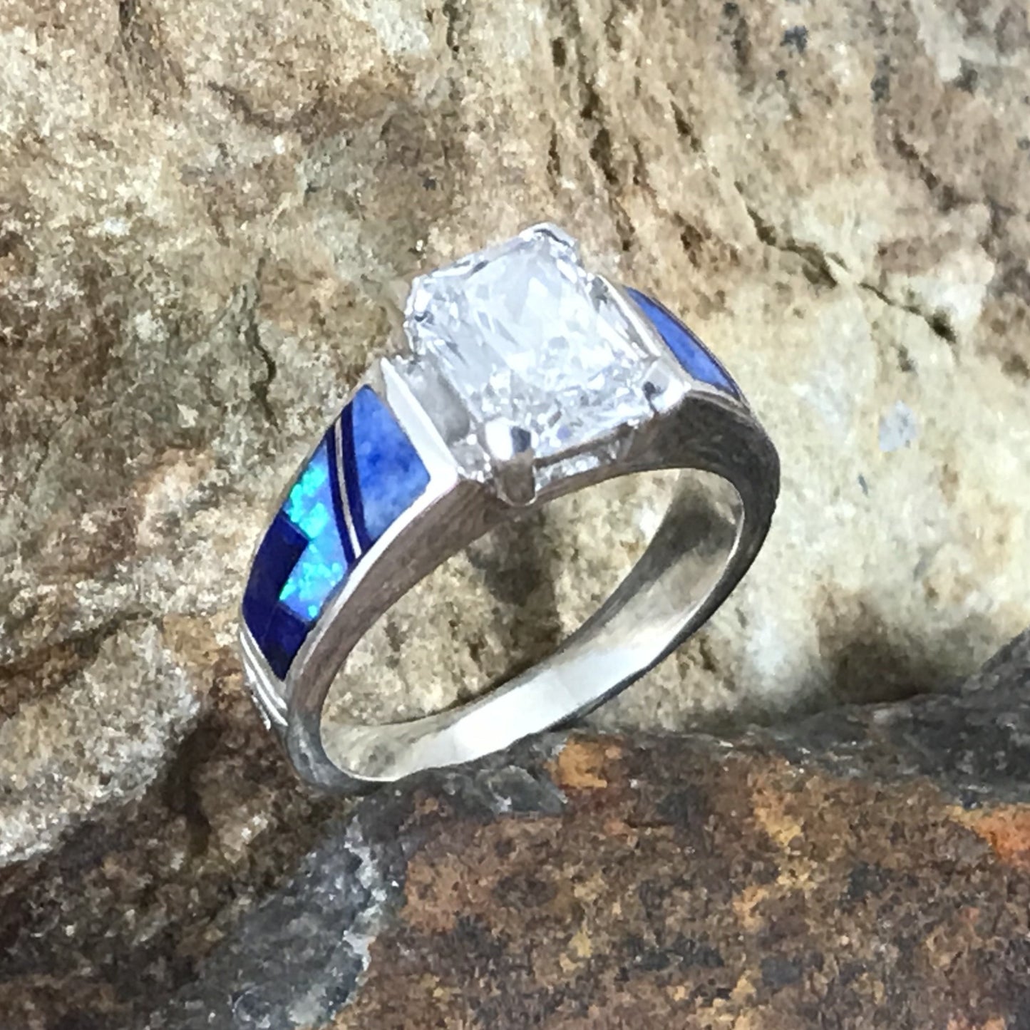 David Rosales Blue Sky Fancy Inlaid Sterling Silver Ring w/ Cubic Zirconia