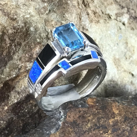 David Rosales Black Beauty Inlaid Sterling Silver Ring Set w/ Blue Topaz