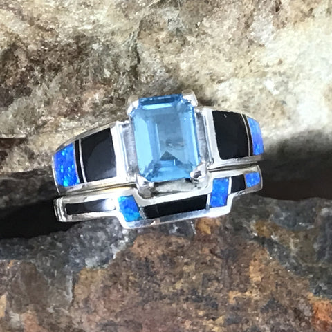 David Rosales Black Beauty Inlaid Sterling Silver Ring Set w/ Blue Topaz
