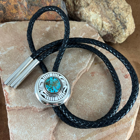 Apache Blue Turquoise Sterling Silver Leather Bolo Tie by Leonard Nez