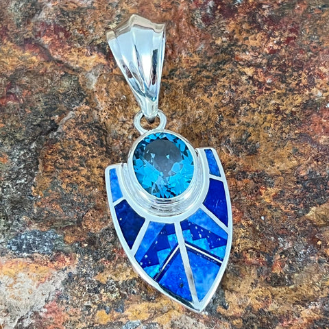 David Rosales Blue Sky Fancy Inlaid Sterling Silver Pendant w/ Blue Topaz