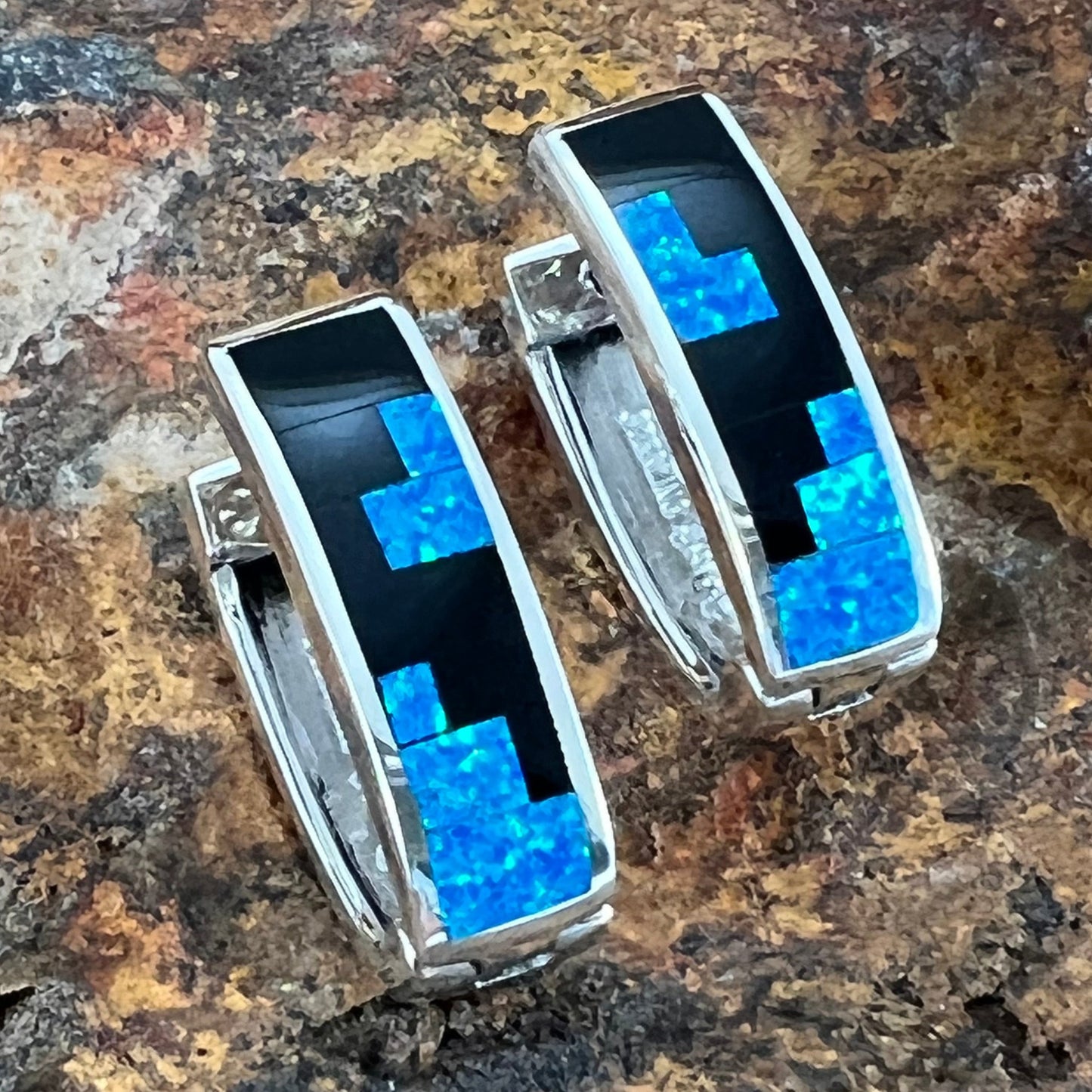 David Rosales Black Beauty Fancy Inlaid Sterling Silver Earrings Huggie