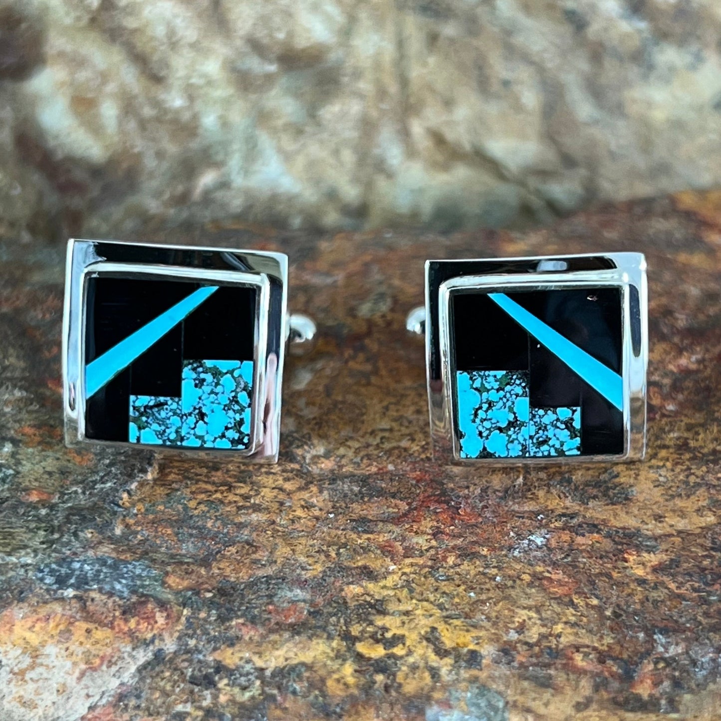 David Rosales Shadow Peak Inlaid Sterling Silver Cuff Links