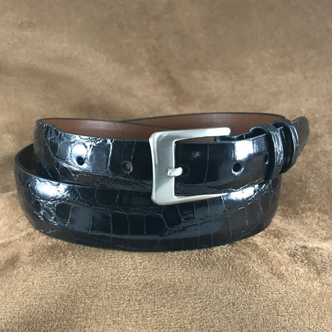 Black Glossy Alligator Leather Belt Strap - 1 1/4" > 1" Taper