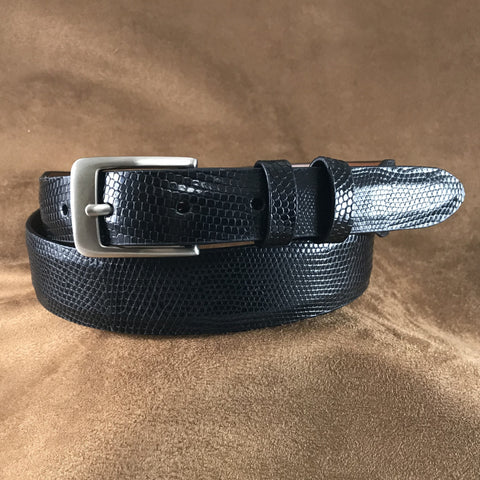 Black Lizard Leather Belt Strap - 1 1/4" > 1" Taper