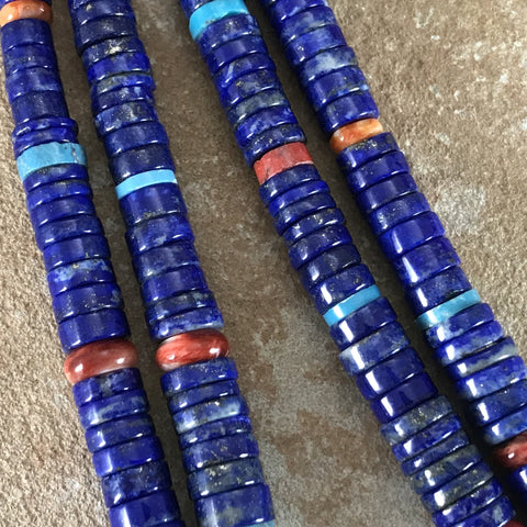 24" Two-Strand Lapis, Turquoise, Coral, Spiny Sterling Silver Beaded Necklace & Earrings by Pat Coriz