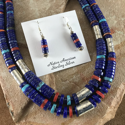 24" Two-Strand Lapis, Turquoise, Coral, Spiny Sterling Silver Beaded Necklace & Earrings by Pat Coriz