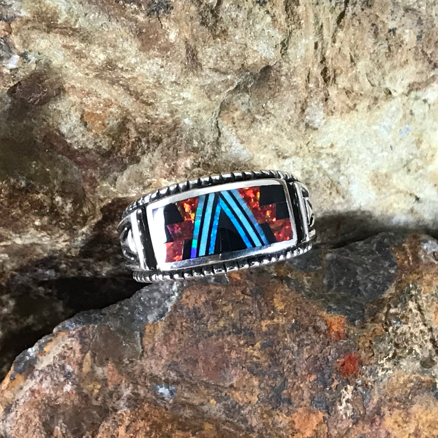 David Rosales Red Moon Fancy Inlaid Sterling Silver Ring